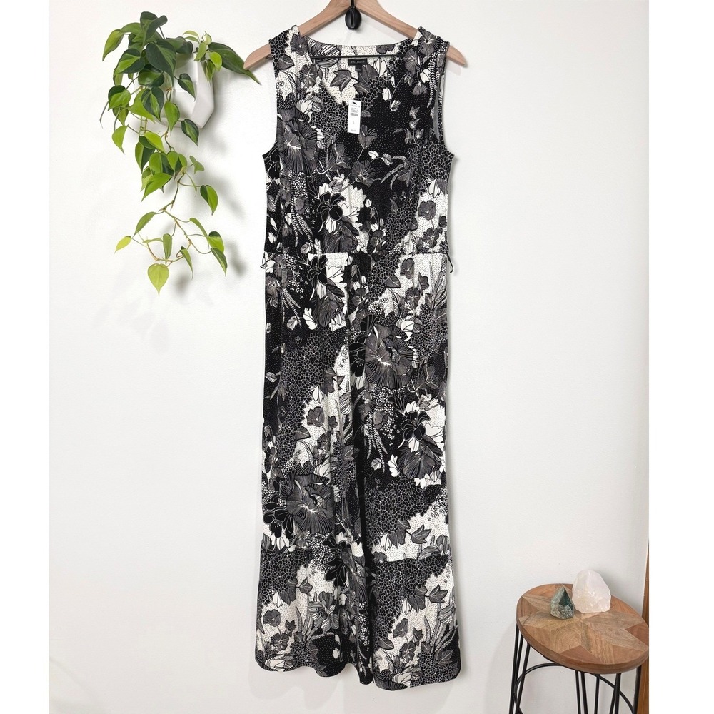 Talbots Womens Black White Floral Dot V-Neck Maxi Dress NWT Size L 329265